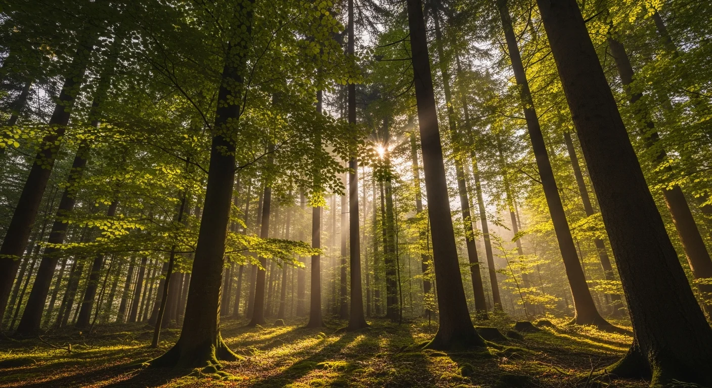 Sonnenlicht fällt durch das Blätterdach eines Mischwalds im Dreisamtal